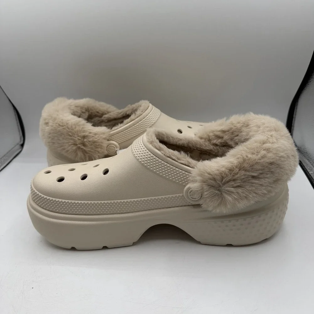 Crocs Stomp Lined‎ Clogs Mens Sz 12 Stucco Fur Lined Platform Slip On Warm Fuzzy